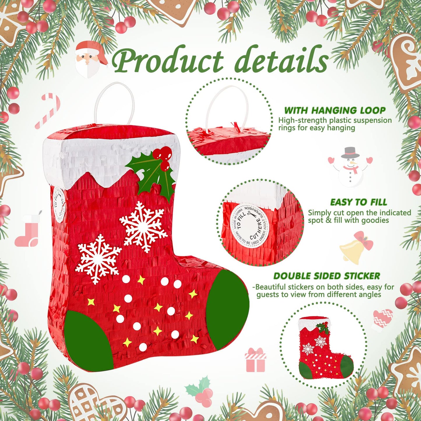 Lewtemi Mini Stocking Piñata, Christmas Piñata Mini Piñata With Blindfold And Bat Confetti Christmas Party Decoration For Xmas Party Supplies Home Decorations,14.8 X 13 X 2.95 Inches
