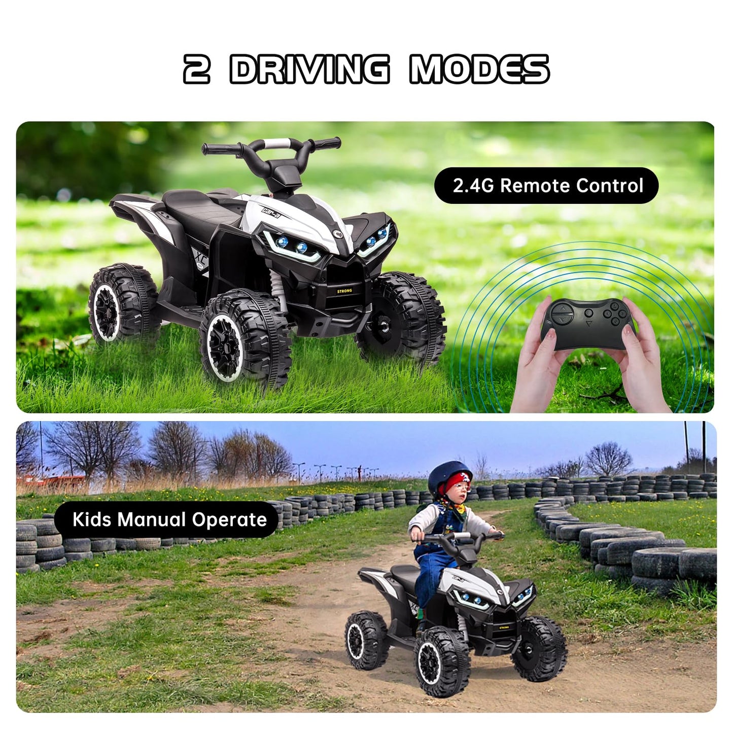 Hipicute Kids Ride On ATV - 12V Battery Powered 4 Wheeler with Remote Control, Music, Horn, LED Lights - White Electric Car for 3+ Years Old