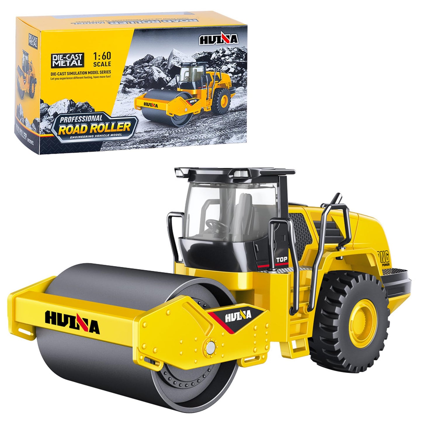 Qcar 1/60 Scale Metal Large Road Roller Toy, Metal Construction Vehicles Model Toy, Outdoor Sandbox Car Toys, Birthday Gift Todd