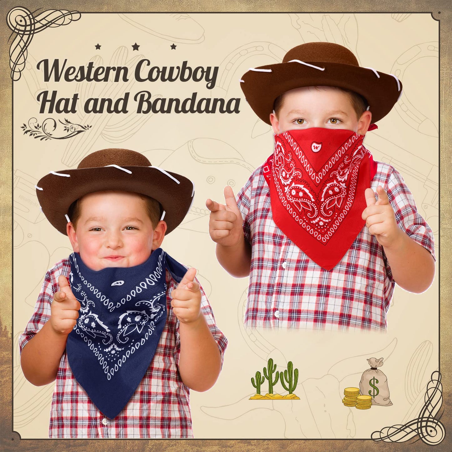 24 Pieces Cowboy Hats and Bandanas for Kids Western Cowboy Costume Hat Accessories for Toddler Child Western Theme Birthday Part