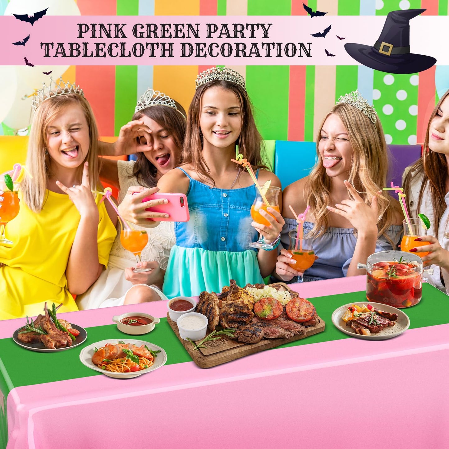 Oudain 3 Pcs Witch Princess Theme Party Pink & Green Party Tablecloth 54 x 108 Inch Plastic Rectangle Tablecloth Waterproof Tabl