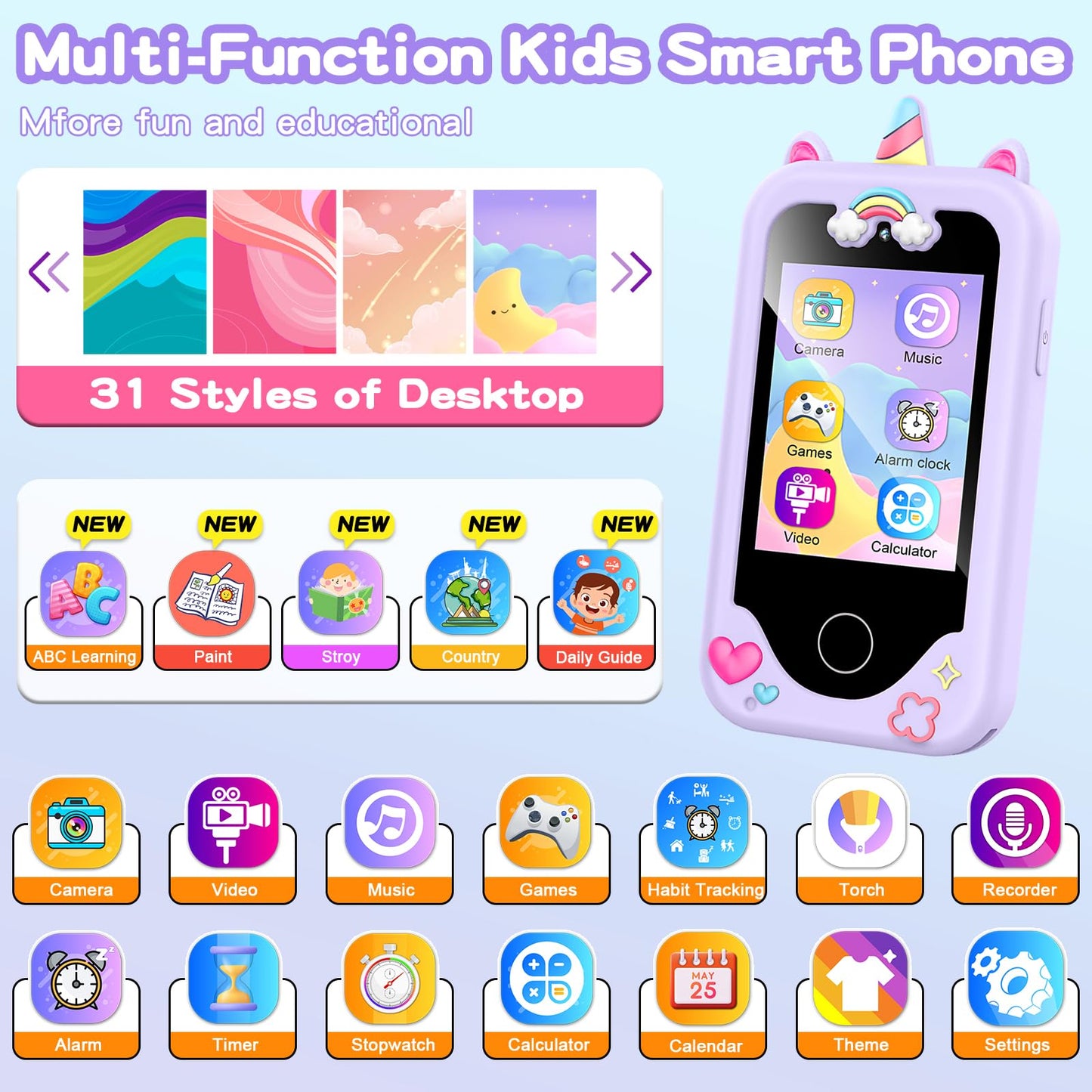 Nikuku Kids Phone for Girls, Toddler Smart Phone Christmas Birthday Gifts for Girls Age 4-6, Kids Play Phone Toy with Dual Camer
