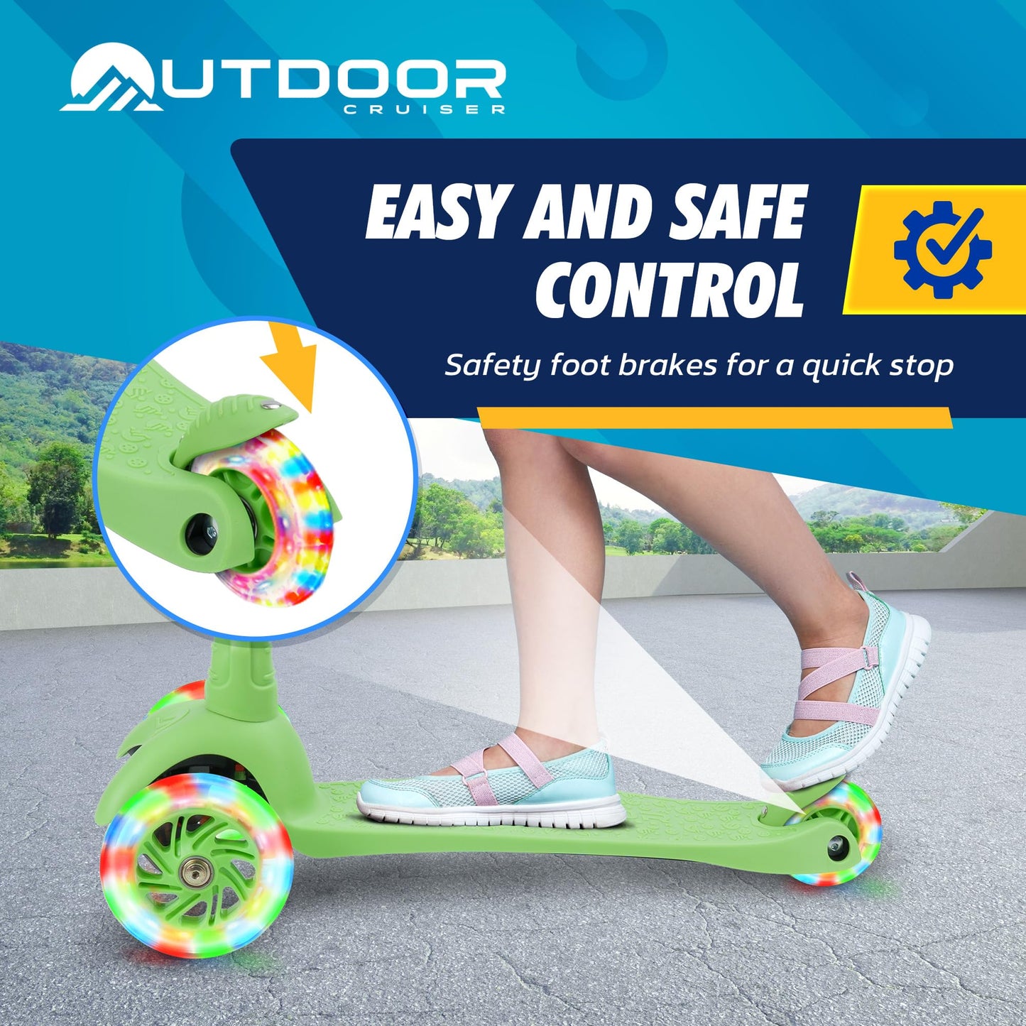 Outdoor Cruiser 3-Wheel Kids Scooter - With Lean-To-Steer Technology, Wide Deck, Led Lighted Wheel, 4-Level Adjustable Height T-