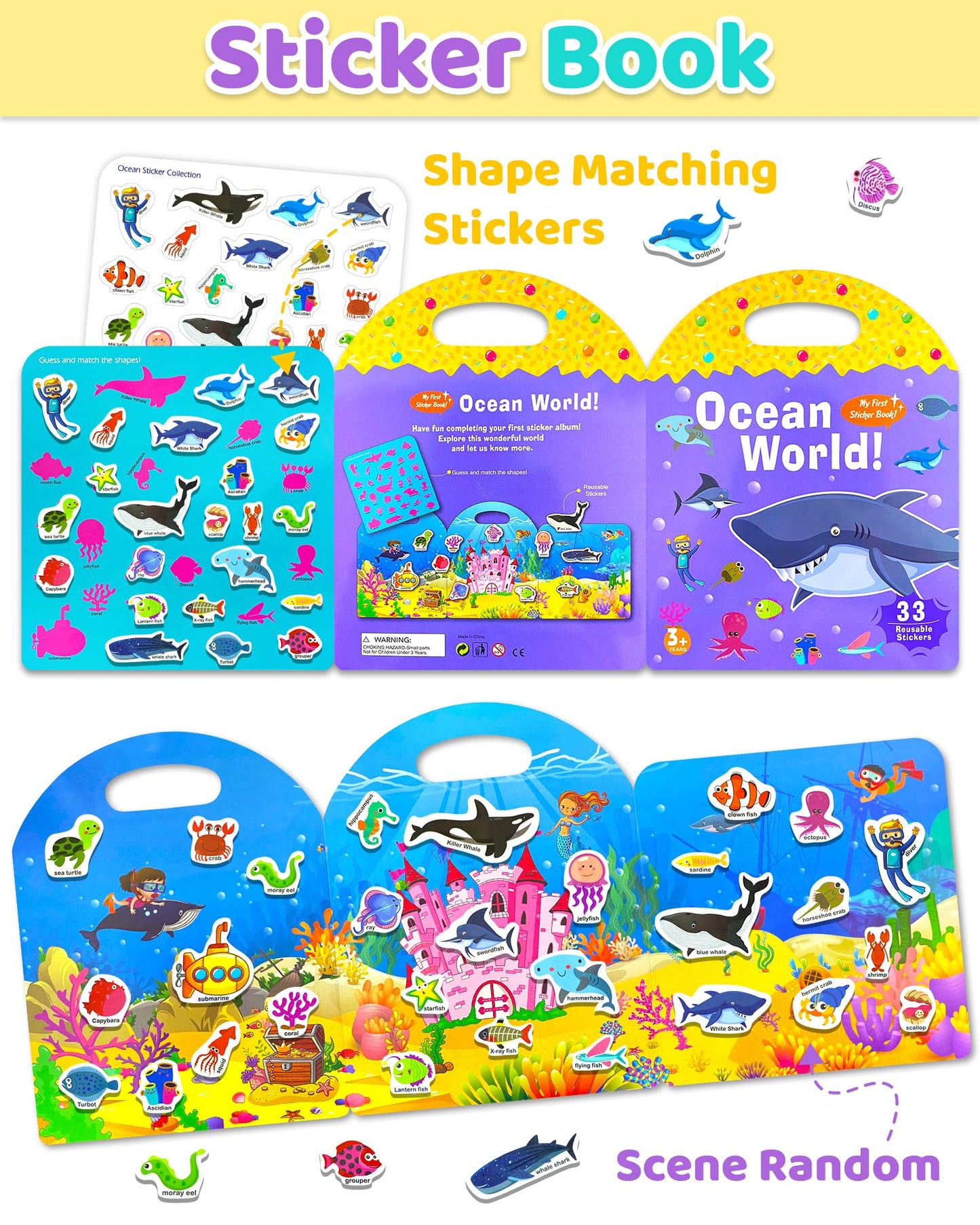 Benresive Reusable Sticker Book For Toddlers 2-4 Years, Fun Travel Stickers For Kids, Waterproof Sticker Books For Toddlers 1-3, Crafts Activities For Todddlers 1-3 2-4 3-5 - Ocean World