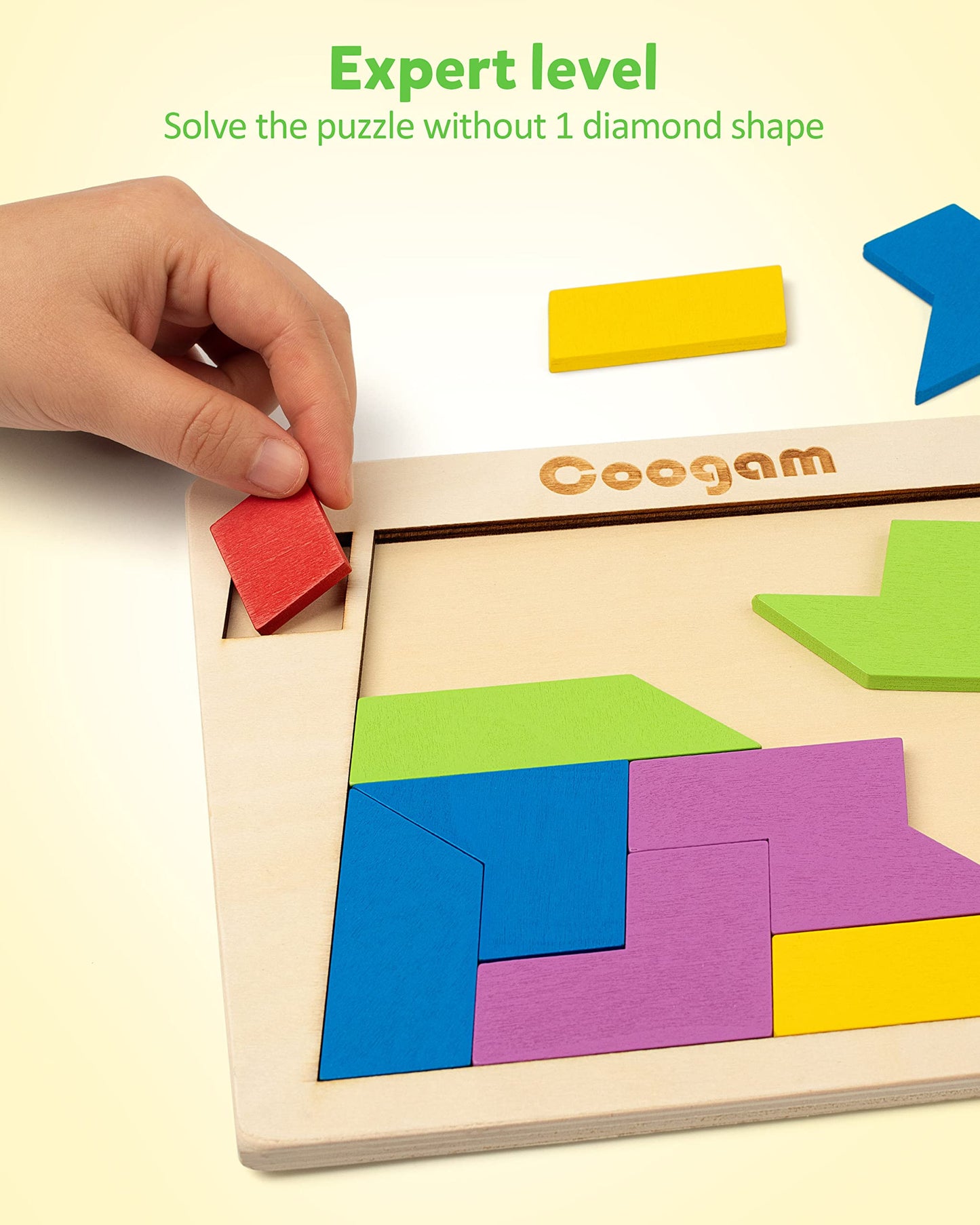 Coogam Wooden Puzzle Blocks Geometric Tangram Brain Teasers Jigsaw 3D Logic Iq Game Colorful Shape Pattern Montessori Stem Educa