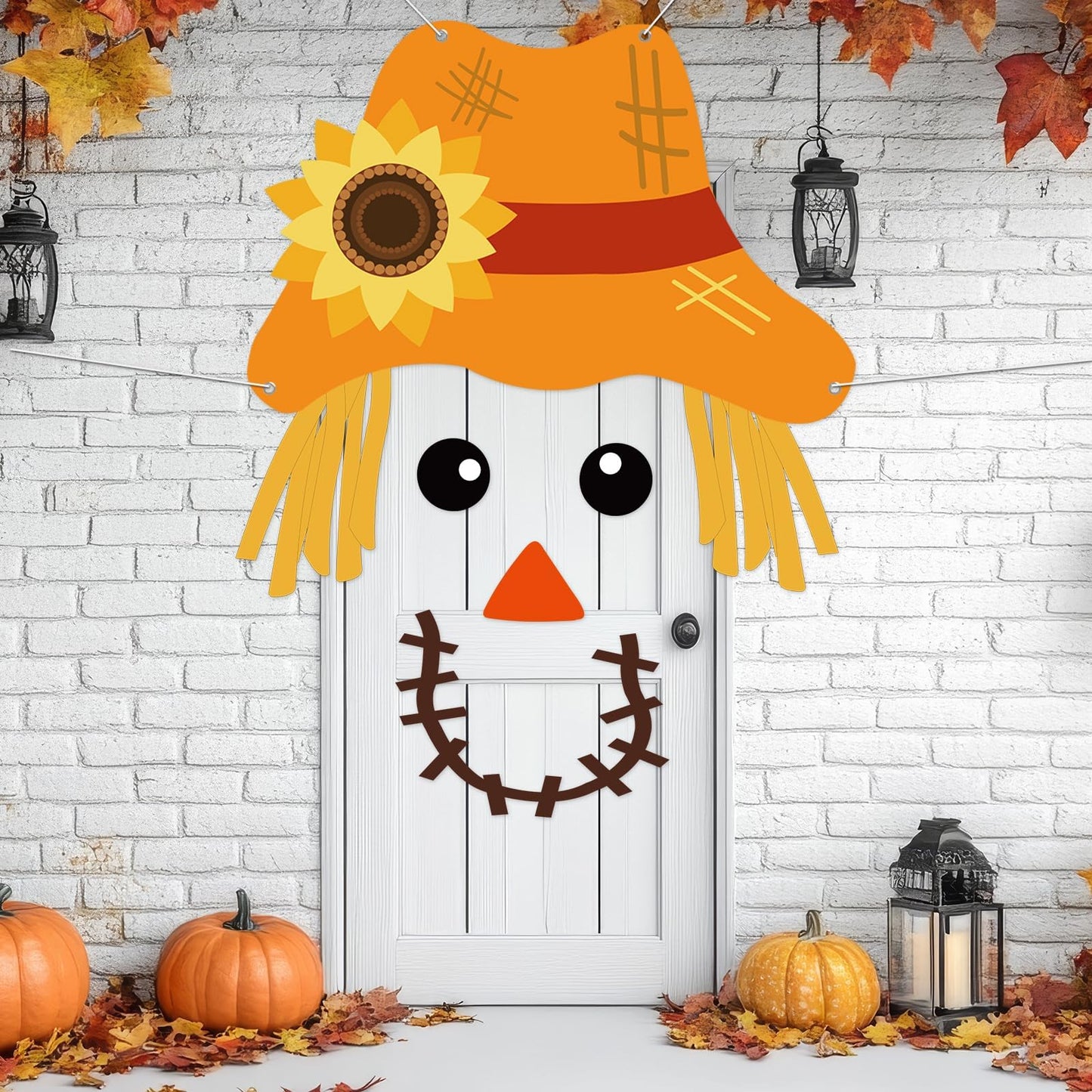 Thanksgiving Scarecrow Door Cover Fall Scarecrow Door Decoration Autumn Harvest Backdrop DIY Scarecrows Banner Backdrop for Home