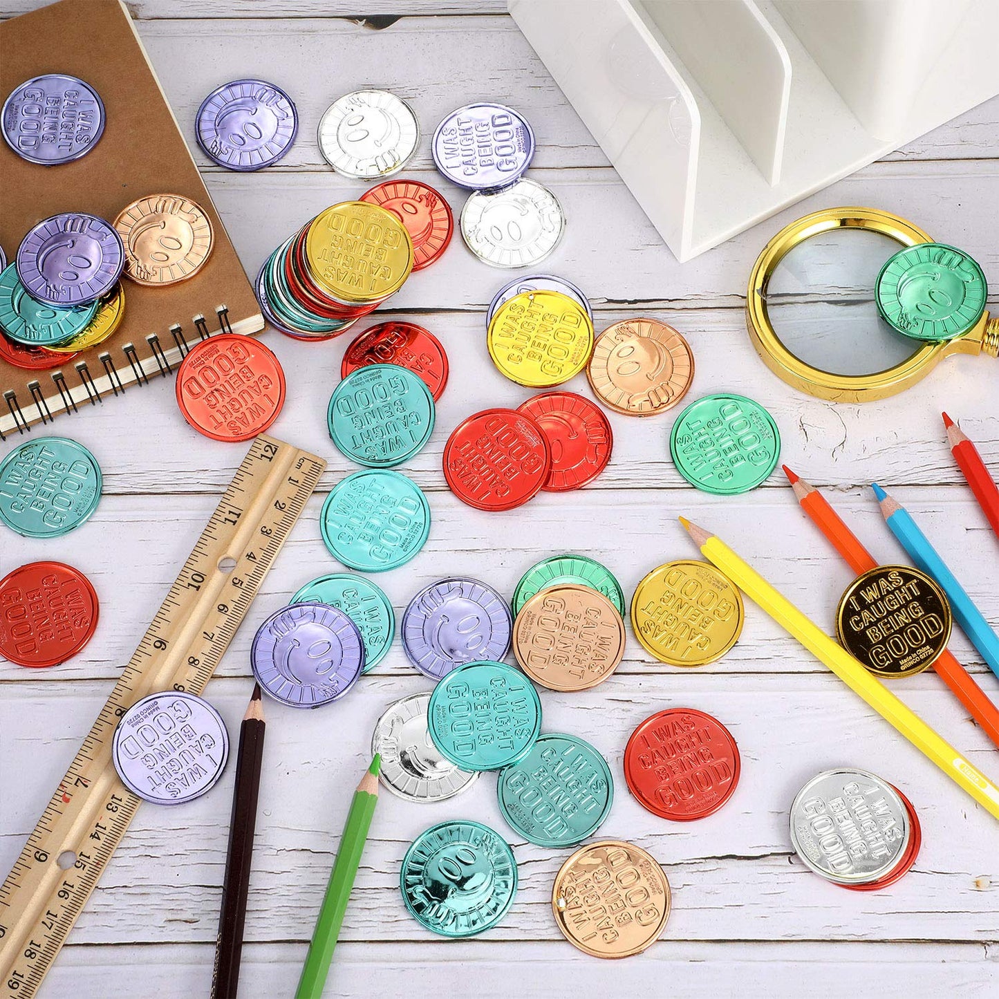 200 Pieces I was Caught being Good Incentive Coins Colorful Plastic Reward Coins School Teacher Reward and Prize Supplies Smile