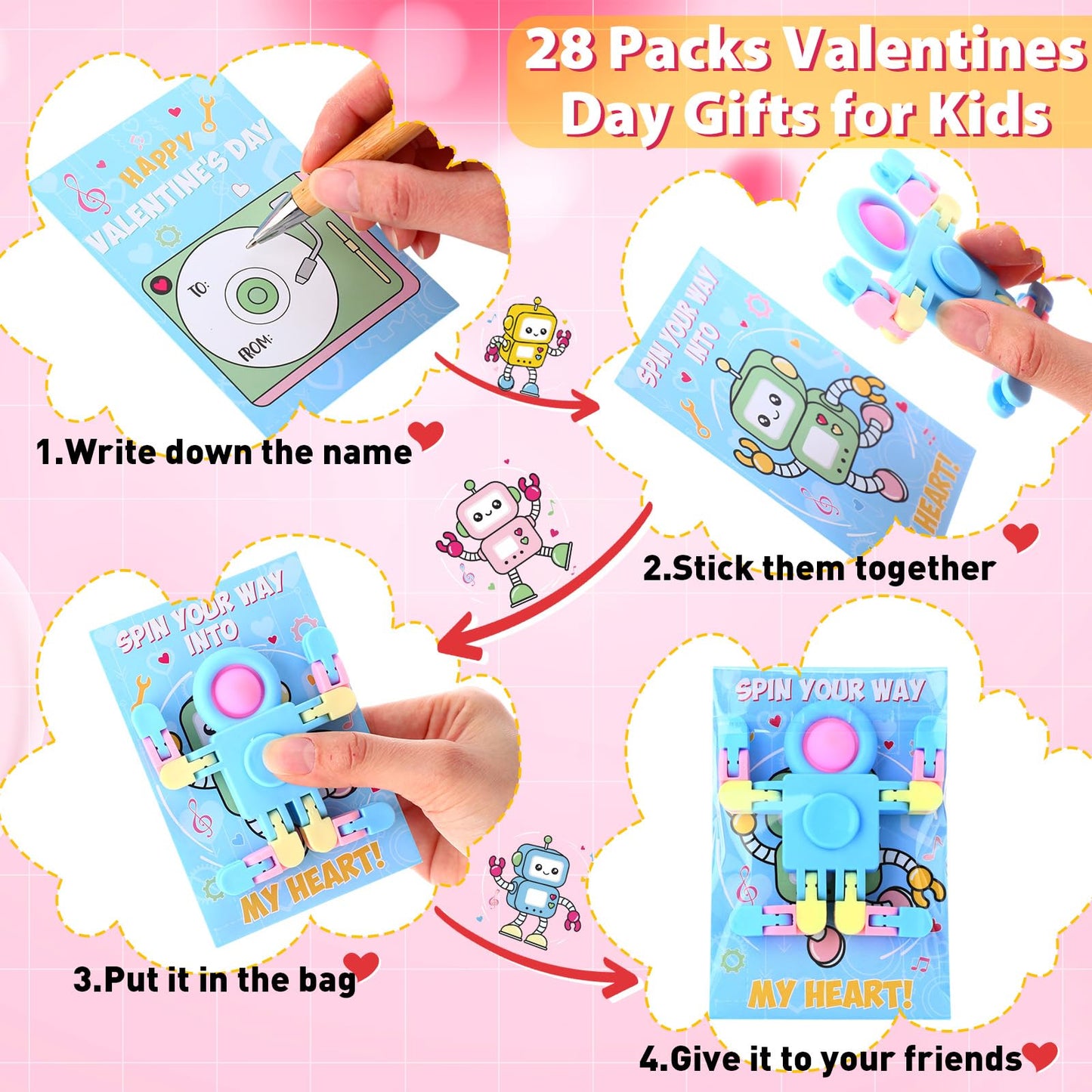 Viorawhite 28 Packs Valentine'S Day Gifts For Kids, Fidget Spinners With Valentine Cards For Classroom Prize Exchange, Deformabl