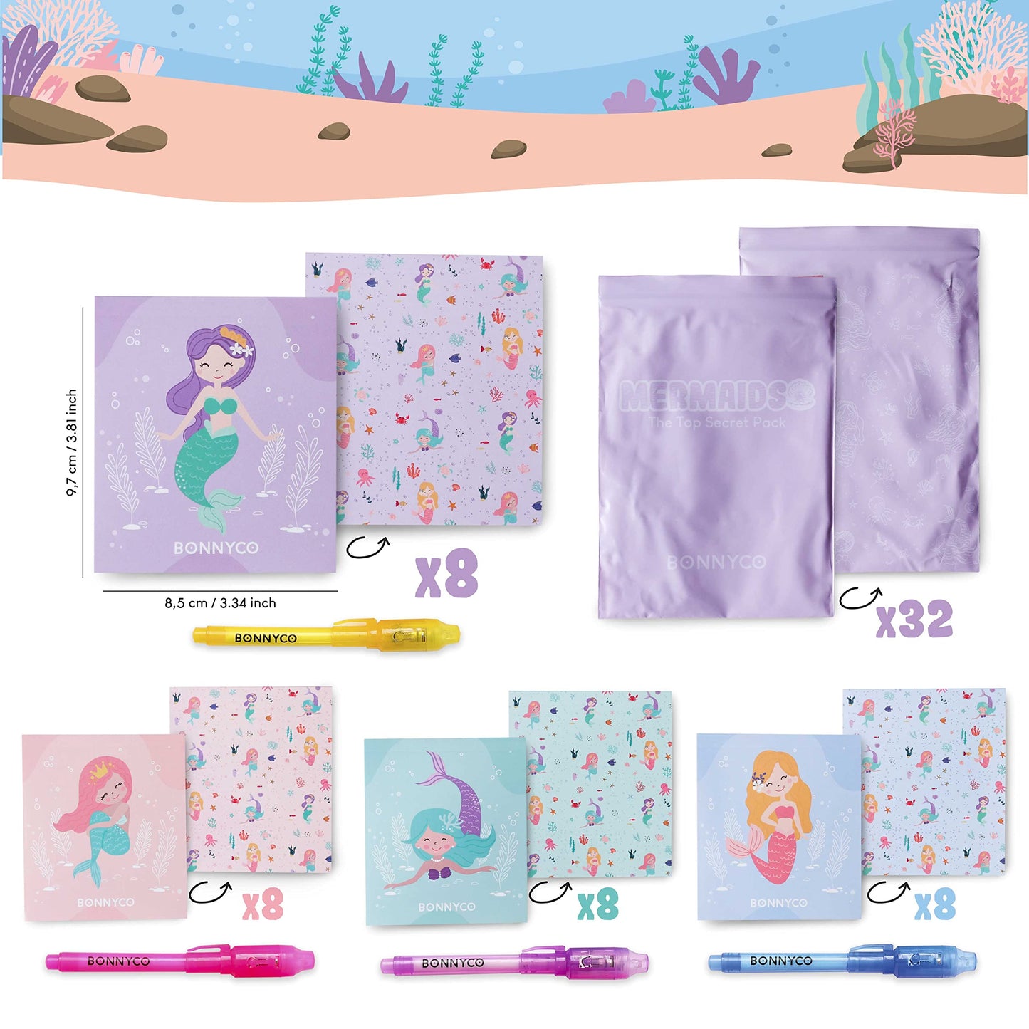 Bonnyco Invisible Ink Pen And Notebook Pack Of 32 Mermaid Party Favors For Kids | Spy Pen Mermaid Party Supplies, Prizes For Kids | Magic Pen Mermaid Birthday Party Favors, Prizes For Students