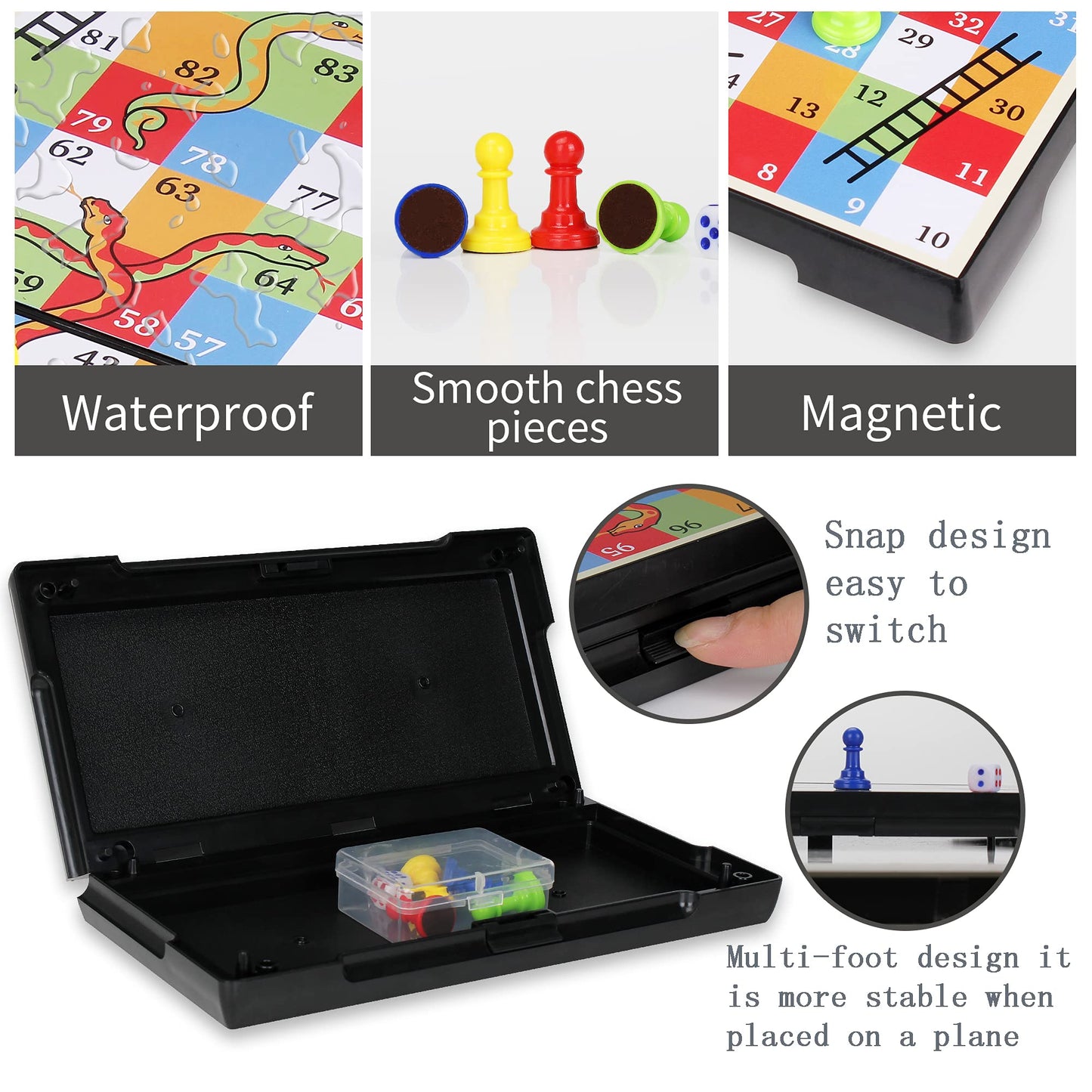 Kidami Magnetic Snakes And Ladders Game Set With Storage Box, Folding Design And Light-Weight, Gift For Kids And Adults.
