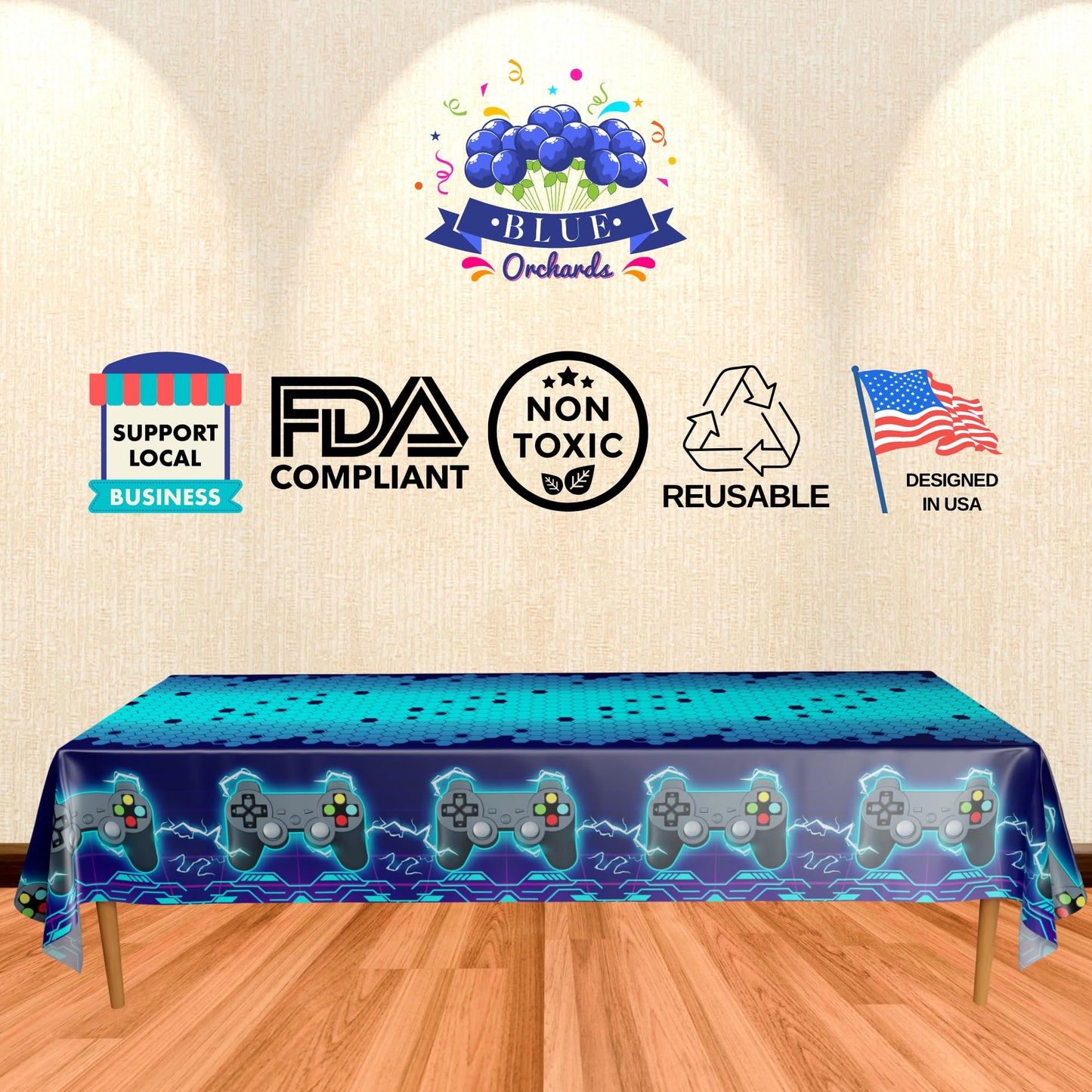 Blue Orchards Video Game Table Cover (Neon Blue) - Pack Of 3-54'X108' Xl - Gamer Party Supplies, Gamer Themed Decorations, Party Decorations For Boys, Retro Gamer Party