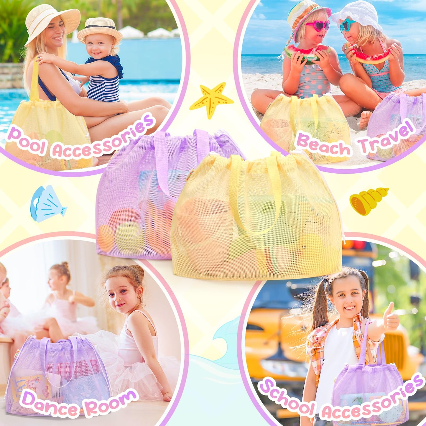Tagitary Beach Toys Kids Beach Bag Tote with Drawstring,Yellow Purple Mesh Bag Travel Beach Essentials for Kids Swim Pool Gym Ba