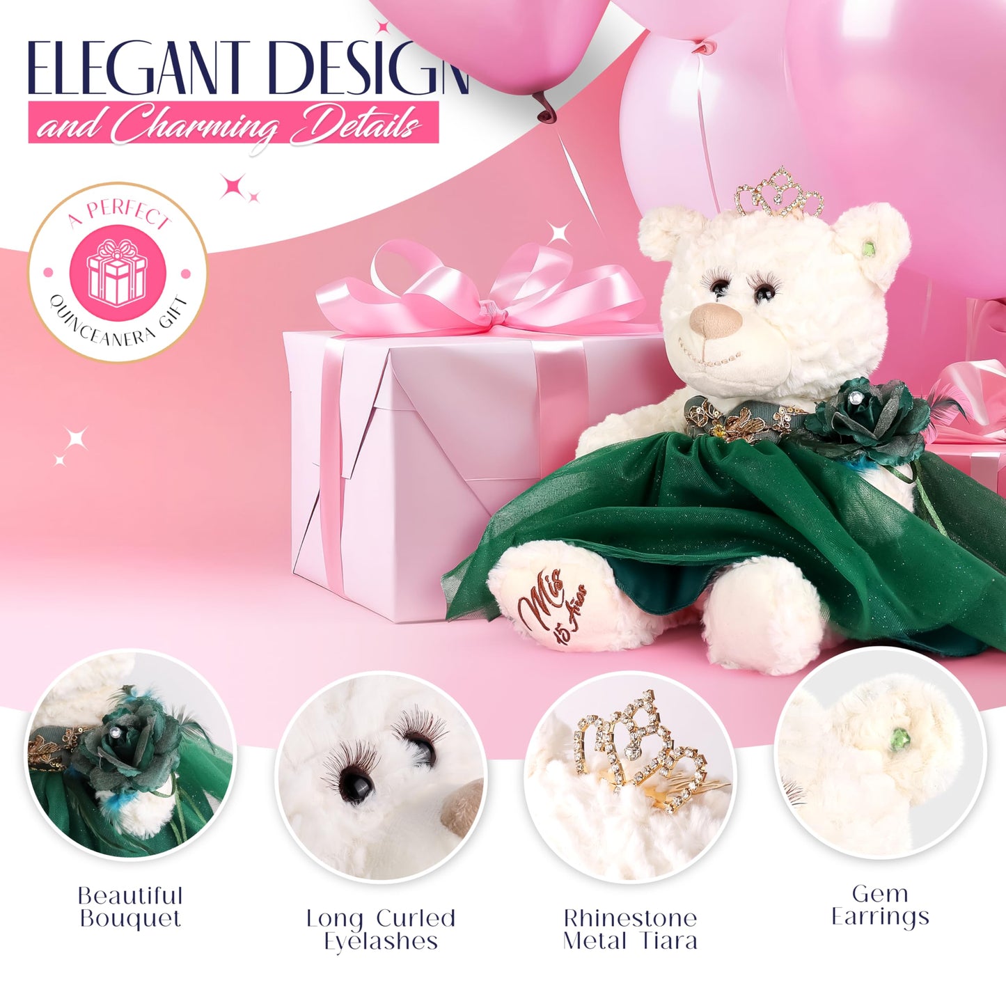 Kinnex Collections Since 1997 12'' Quince Anos Teddy Bear With Dress Embroidery Mis 15 Anos (Centerpiece) ~ B09631-33G (Emerald