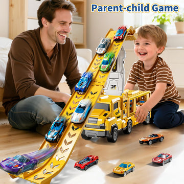 GOGIHCCH 3-in-1 Kid Carrier Truck Toy Car Tracks for Toddlers 2-4 Years Old with 12 Racing Cars Toys, Foldable Chasing Race Trac
