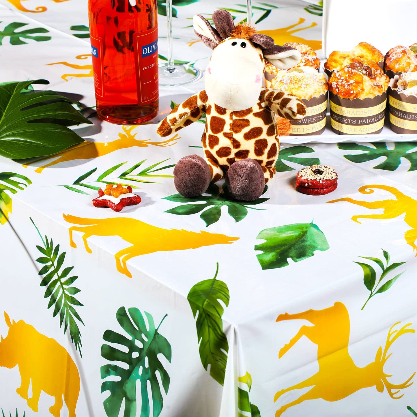 Tudomro 3 Pcs Jungle Safari Tablecloths Plastic Wild One Table Cover Waterproof Jungle Animal Table Cloth Palm Leaves Tablecloth