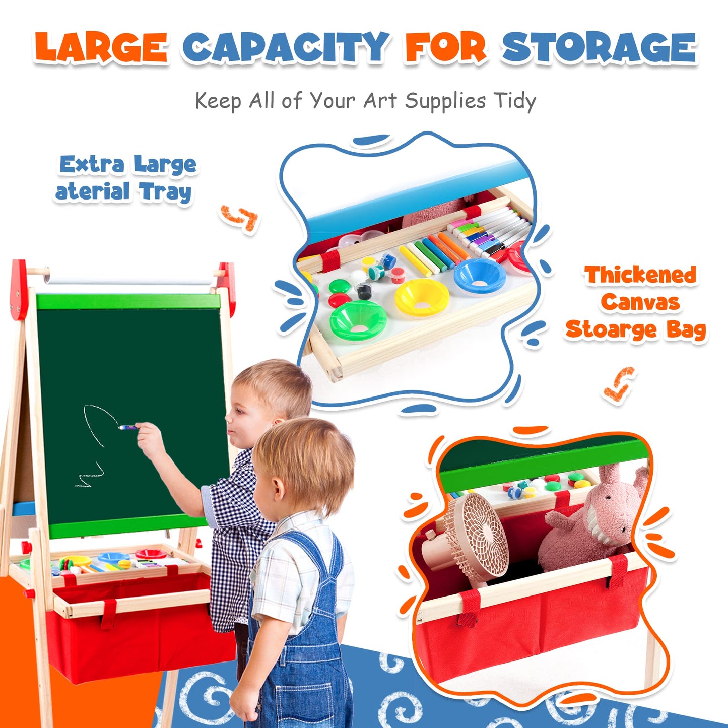 Kids Easel Including 100+ Accessories, Double Sided Wooden Easel for Kids - Magnetic Chalkboard & Painting Board & 2 Paper Rolls