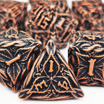 Mjdiceok Metal Dnd Dice Leaf Vine Set Dice 7 Role Playing Dice Polyhedral D&D Solid Dungeons And Dragons Dice (Antique Red Coppe