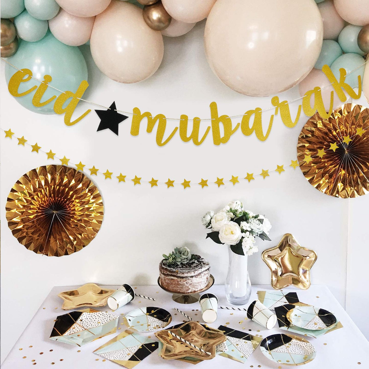 Gold Eid Mubarak Banner and Star Garland, Muslim Eid Mubarak Festival Garland Banner Eid Mubarak Decorations for Home Muslim Ram