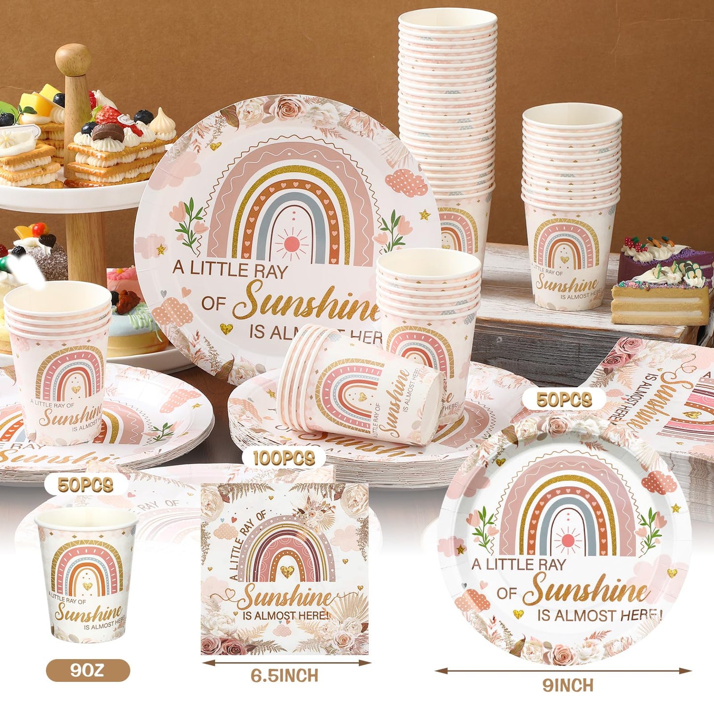 Hushee 200 Pcs Rainbow Baby Shower Paper Plates Napkins Cups Baby Shower Party Supplies Tableware Set Boho Disposable Cup Napkin