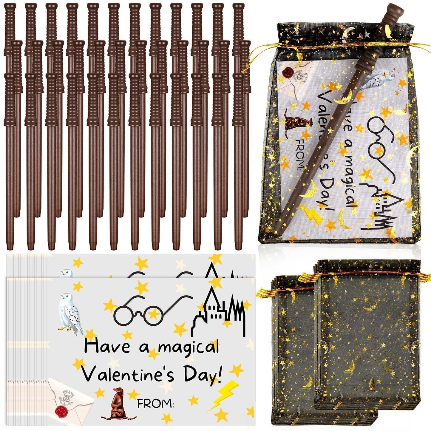 Gosodeny 36 Set Valentines Day Wizard Wand Pencil & Glasses Gift Set, Wizard Theme Party Favors with Exchange Cards, Holiday Par