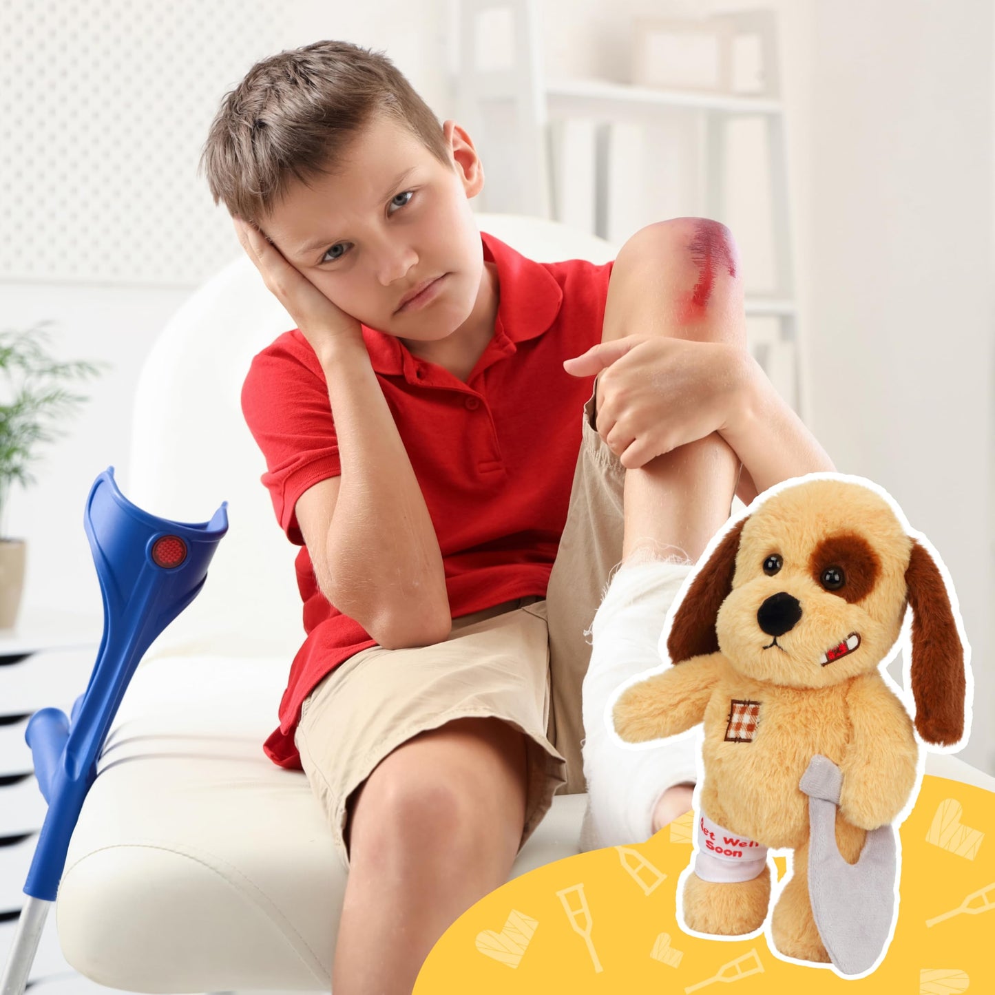 Hopearl Broken Leg Dog Toy, Soft Plush Puppy, 12" Comforting Companion, Brown, Model HONE0169