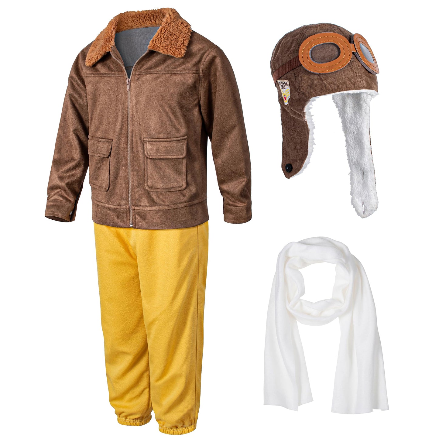 Pilot Aviator Costume Kids Coat Pants Hat Scarf Girl Boy Party Cosplay 5-6T Brown