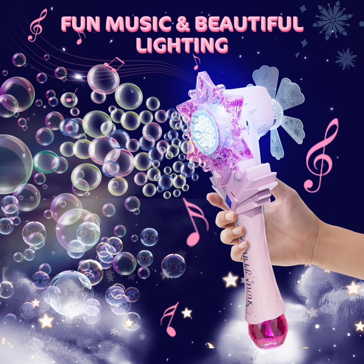 Vatos Bubble Wands 2 Packs For Kids, Automatic Bubble Blower Machine, Light & Music Snowflake Bubble Wand With 2 Windmill & 4 Bottles Bubble Solutions, Bubble Toy For Toddler Girl Boys Adult Party
