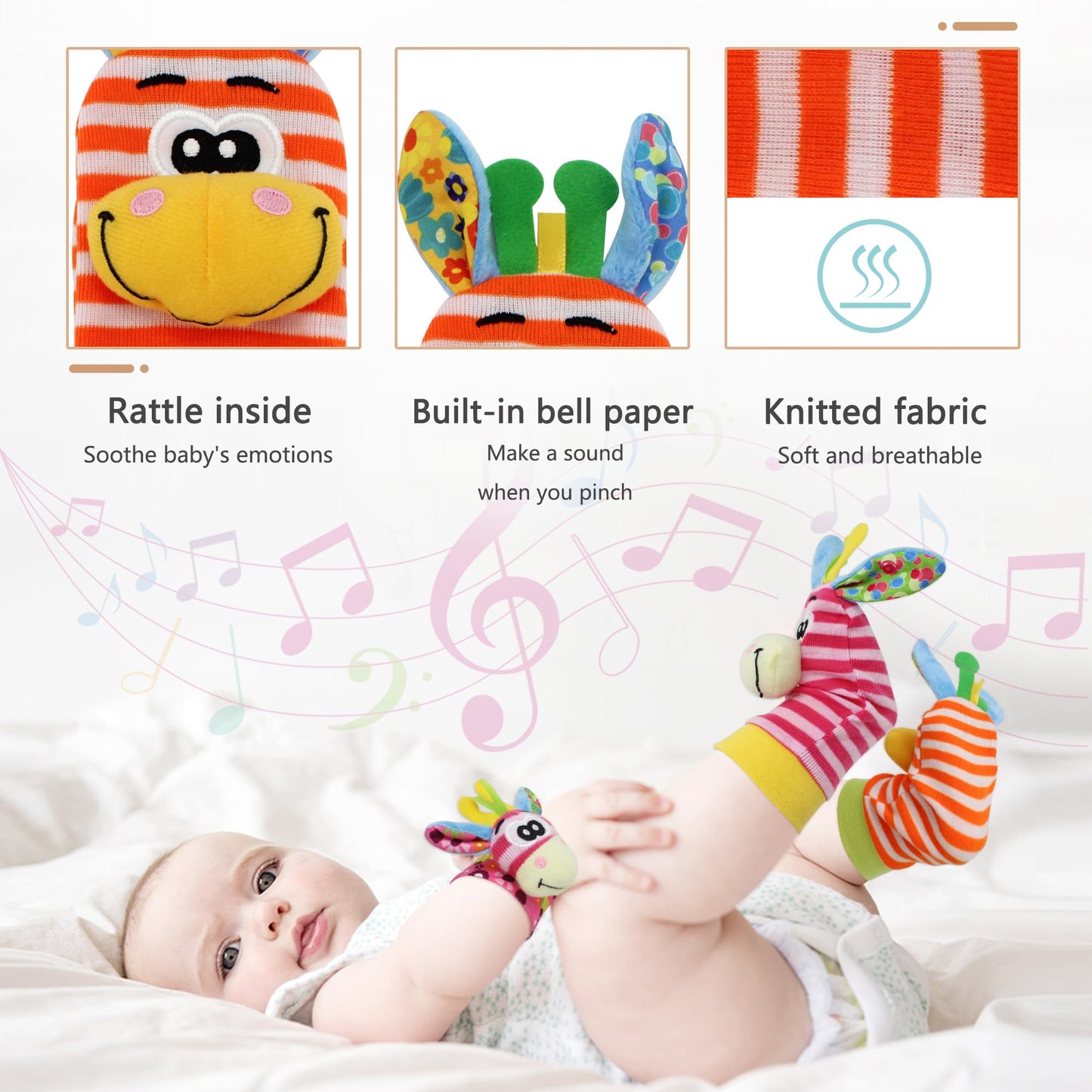Wrist Rattle Foot Finder Sock For 0-36Months Baby Boys And Girls, Newborn Baby Soft Hand & Feet Rattle 0-3 Years, Arm Leg Babies Development Toys For Infant Bebe (Cdo-4 Pcs)