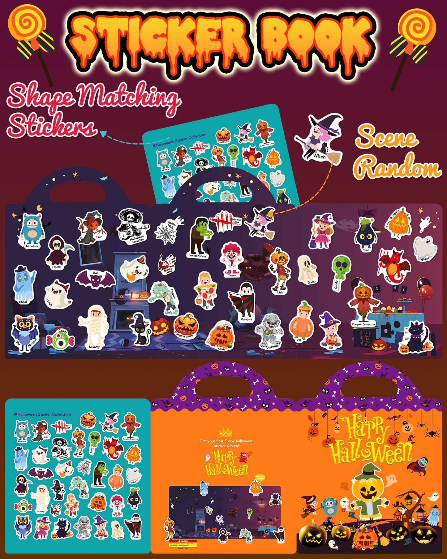 Benresive Reusable Sticker Books For Kids 2-4, Sticker Books For Toddlers 1-3, Toddler Sticker Book Age 2-4, Toddler Travel Toys Activities Crafts Gifts - Halloween Sticker Book