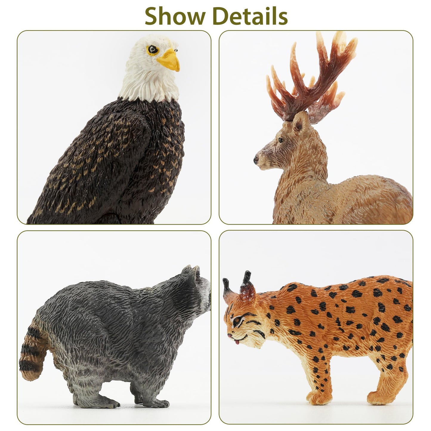 Toymany 12Pcs North American Forest Animal Figurines, Realistic Jungle Animal Set Includes Raccoon,Lynx,Wolf,Bear,Eagle, Educational Toy Cake Toppers Christmas Birthday Gift For Kids Toddlers