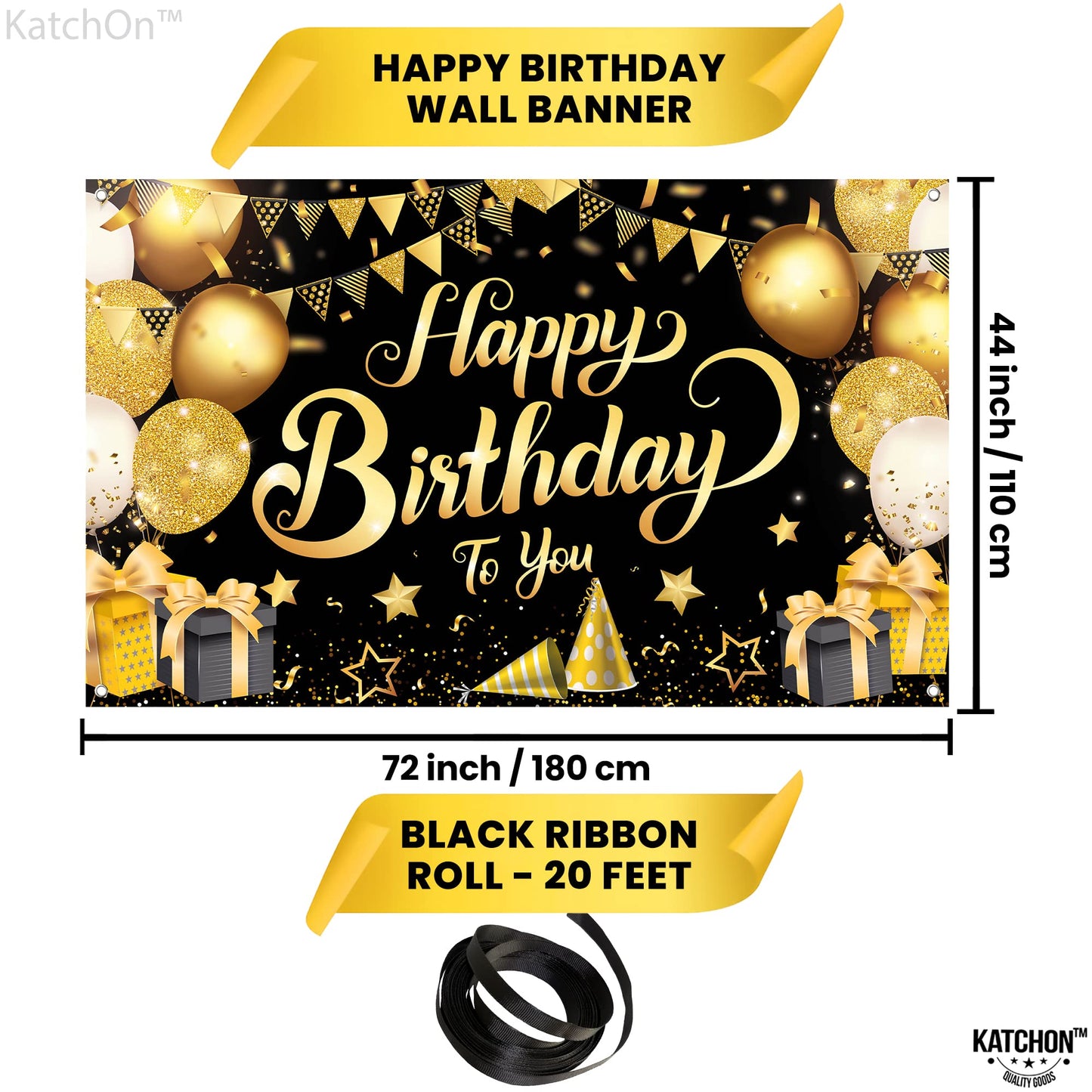 Katchon, Large Black And Gold Happy Birthday Banner - 72X44 Inch | Black And Gold Birthday Decorations For Men | Happy Birthday Backdrop, Happy Birthday Sign | Black And Gold Birthday Banner For Men