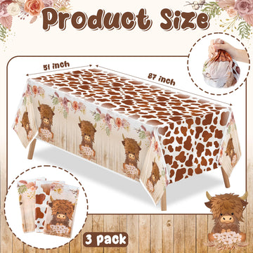 3Pcs Highland Cow Party Tablecloths, Brown Highland Cattle Birthday Table Cover, Brown Cow Print Themed Party Decorations Plasti