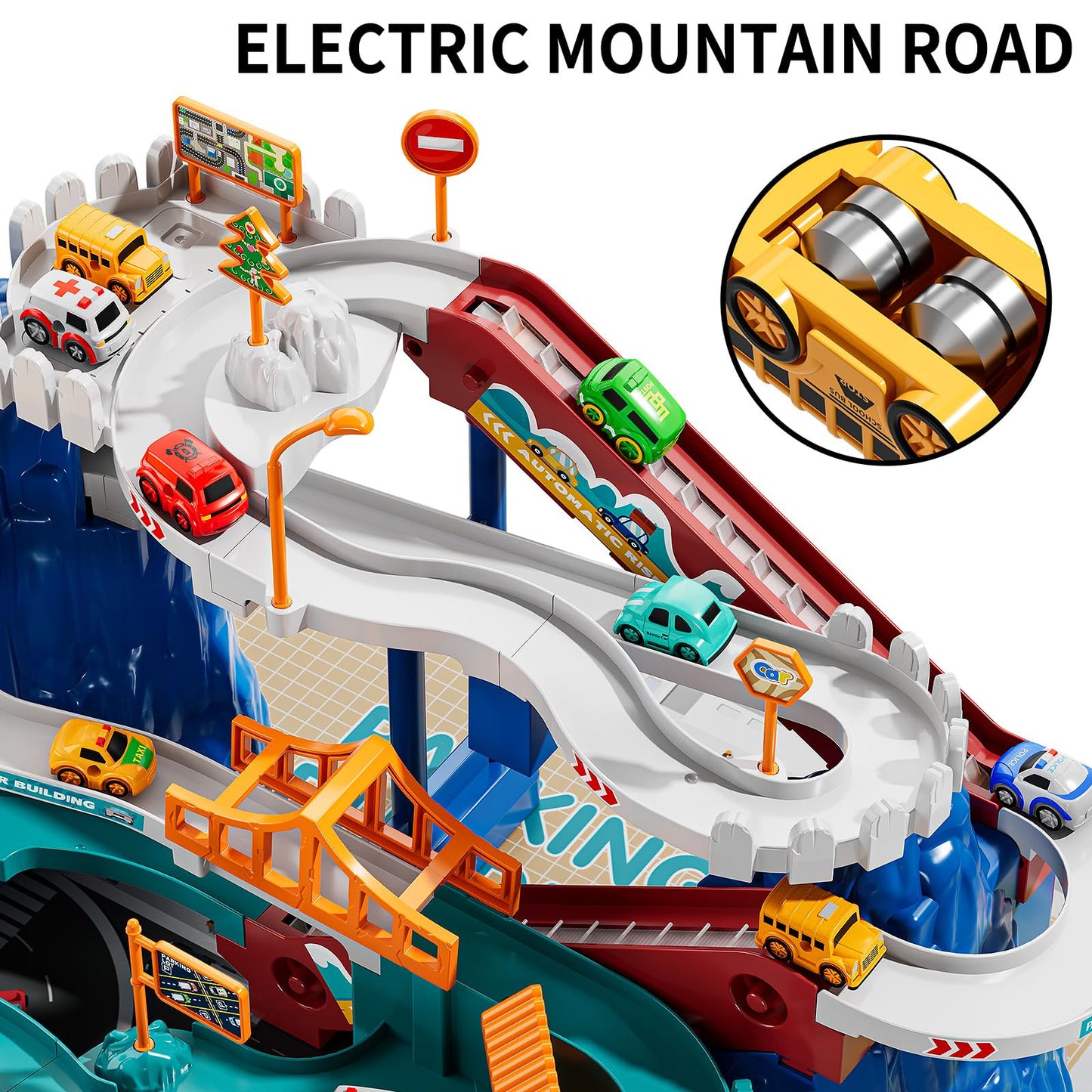 Temi Boys Dinosaur Race Track Playset, Kids Car Garage Parking Adventure Toy With 10 Mini Cars, Educational Toy Ramp Playset For