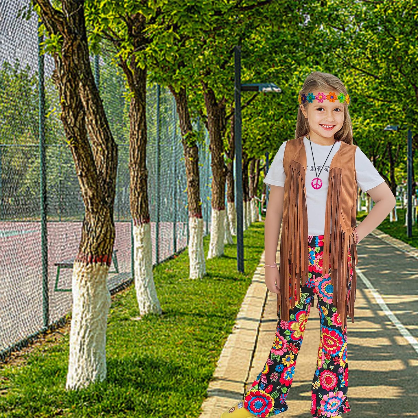 Xonyicos 8 Pcs Girls Kids 60S 70S Hippie Costume Disco Outfits Fringe Vest Boho Bell Bottoms Hippie Outfits Accessories Set (Flo