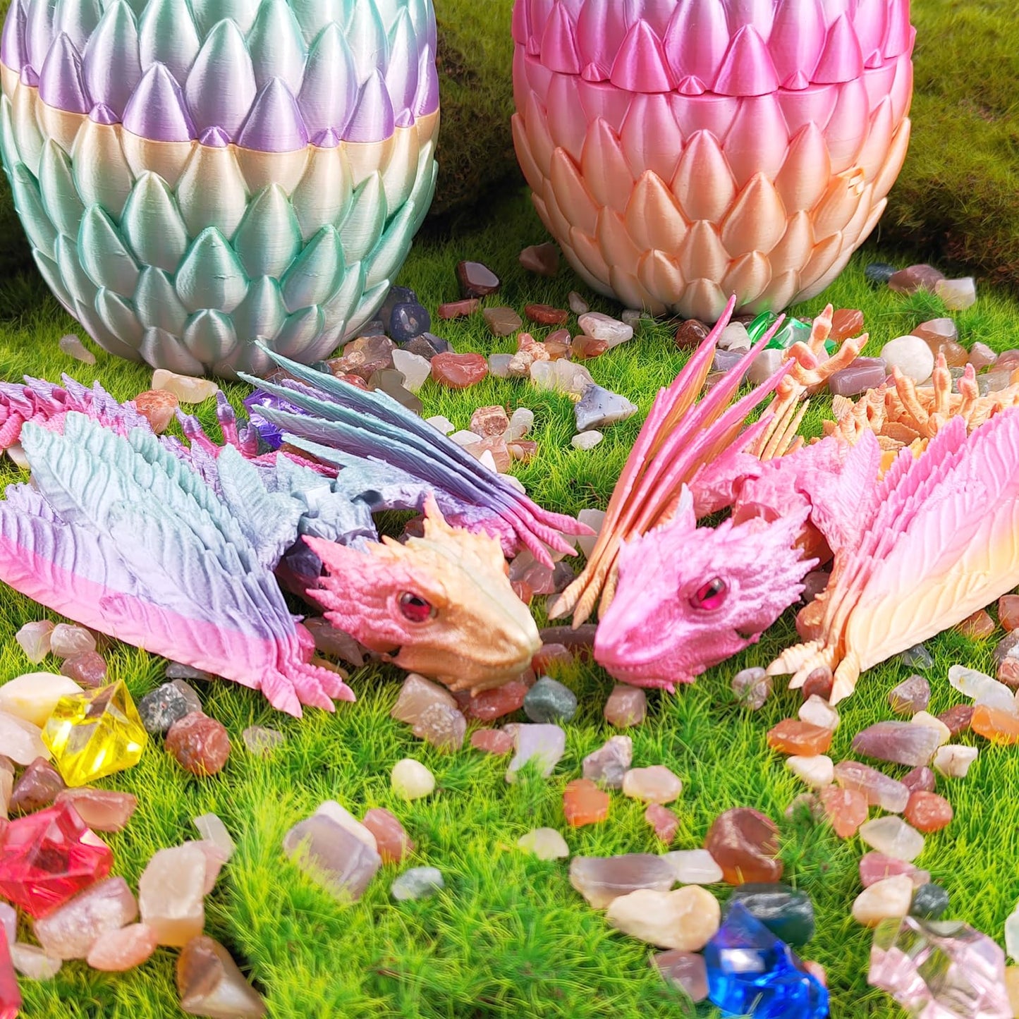 QOUXZ Dynamic 3D Printed Dragon Eggs with Dragon Inside,Wings Movable Feathered Wyvern,Full Articulated Crystal Flying Fidget Ar