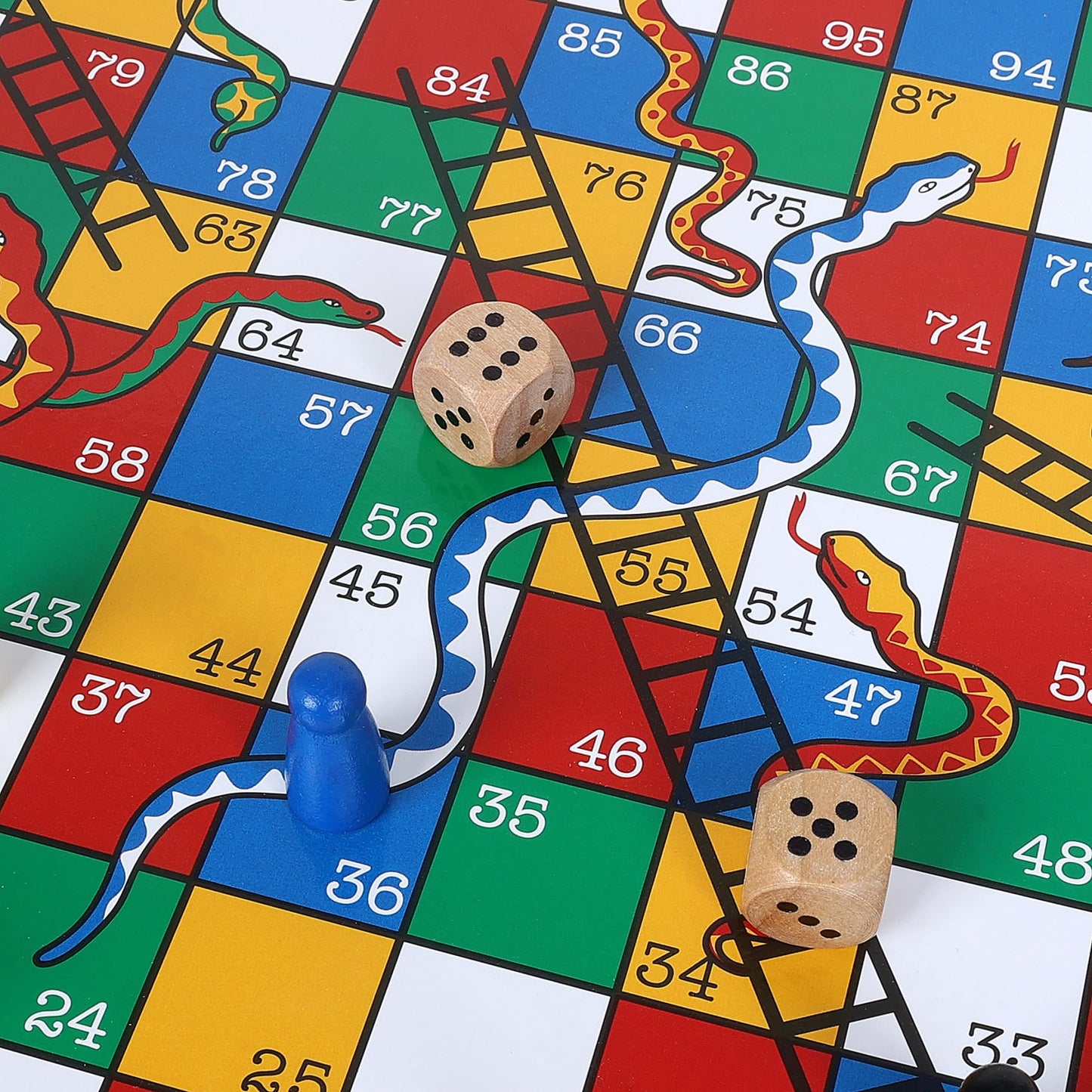 Gothink Wooden Snakes And Ladders Game - Educational Board Game For Kids And Adults - Includes Counters & Dice