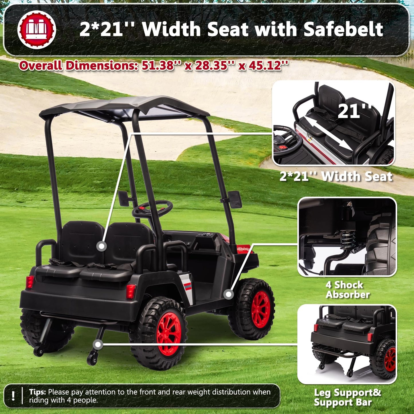 Karbost 24V 7Ah Ride On Car With Parent Remote Control, 4 Seater Kids Ride On Golf Cart With Plastic Roof, 4Wd Ride On Toys With