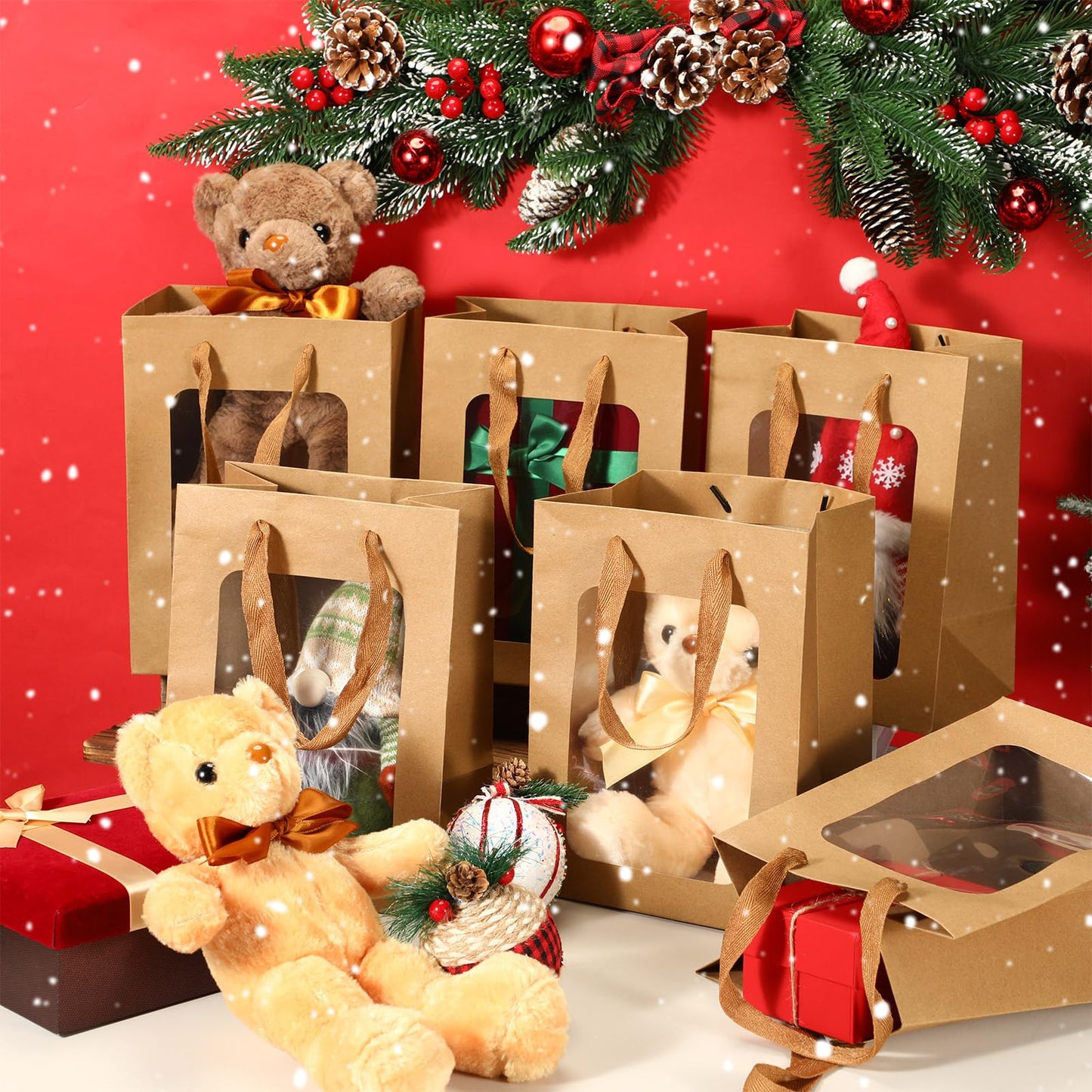 Shappy 12 Pack Cute Bear Gift Bulk Bear Animals Set With Paper Bags 12 Inch Soft Party Favors For Birthday Thanksgiving Christmas Valentines(Kraft)