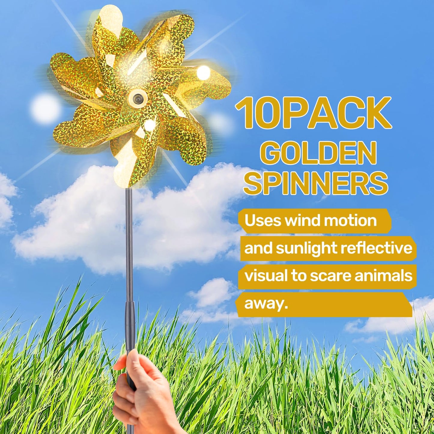 Battife Golden Pinwheels For Garden, 10 Pack Reflective Wind Spinner To Scare Birds Away, Sparkly Pinwheel Deterrent, Outdoor Go
