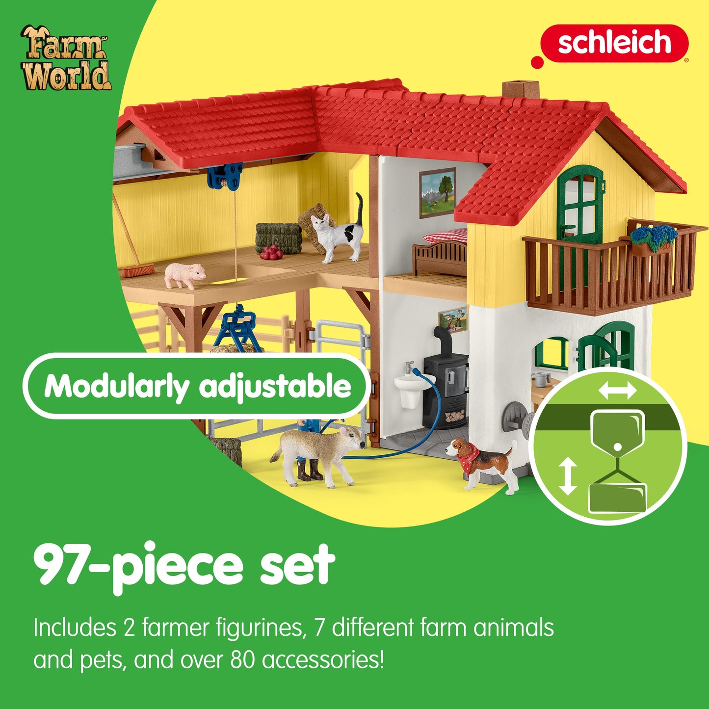 Schleich Farm World - Large Farm House, 97-Piece Toy Farm House with 3 Rooms, Farmer Figurines and Multiple Animal Toys with Acc