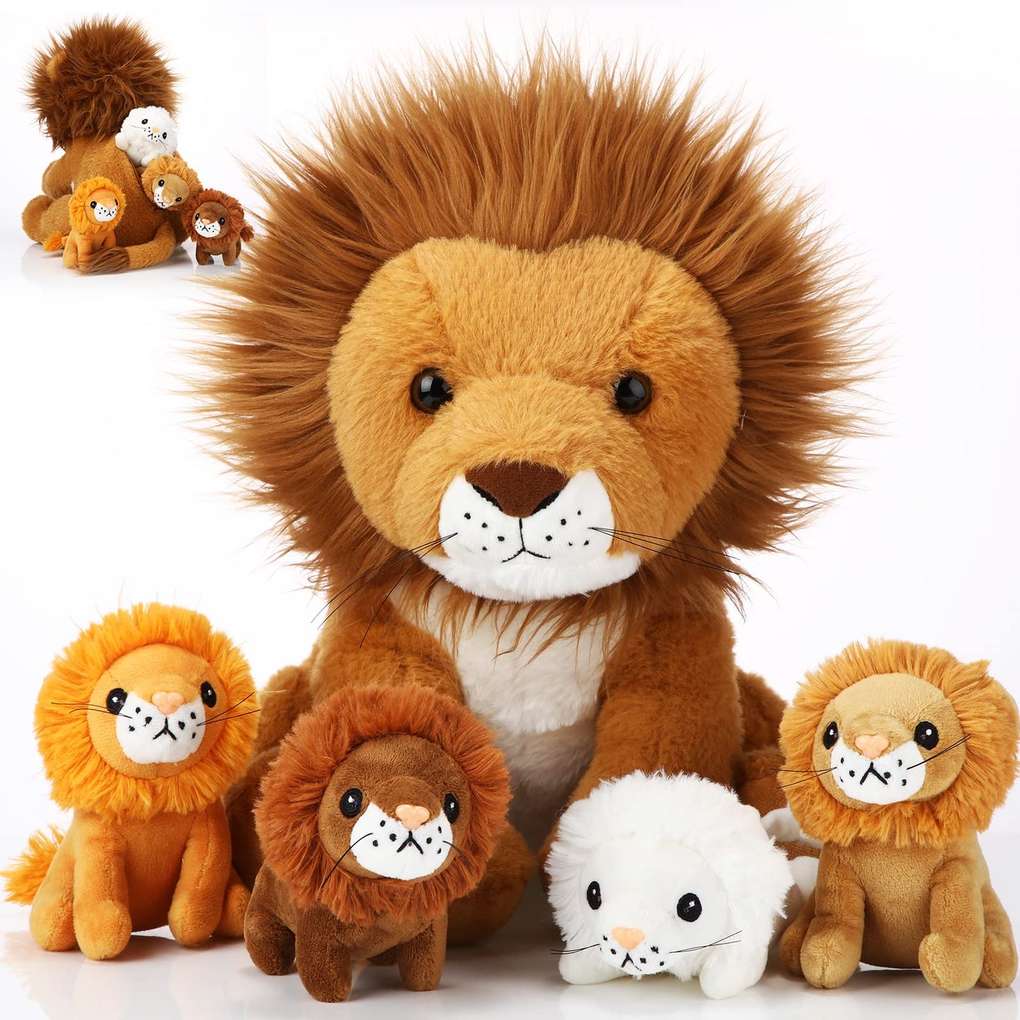 Honoson 5 Pcs Lion Plush Set Large Lion Stuffed Animal With 4 Cute Baby Lions In His Zippered Back Soft Cuddly Lion Plushie Boys