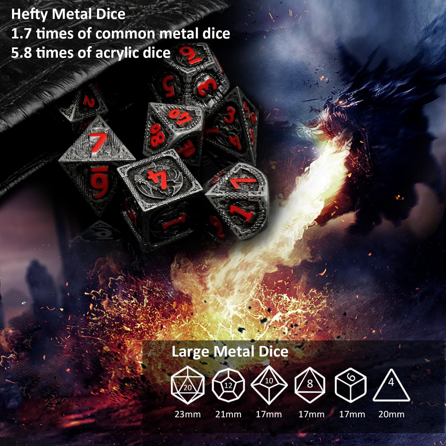 Haxtec Metal DND Dice Set Black Red Dragon D&D Dice Set with Leather Dice Bag Metal Polyhedral Dice for Dungeons and Dragons Gif