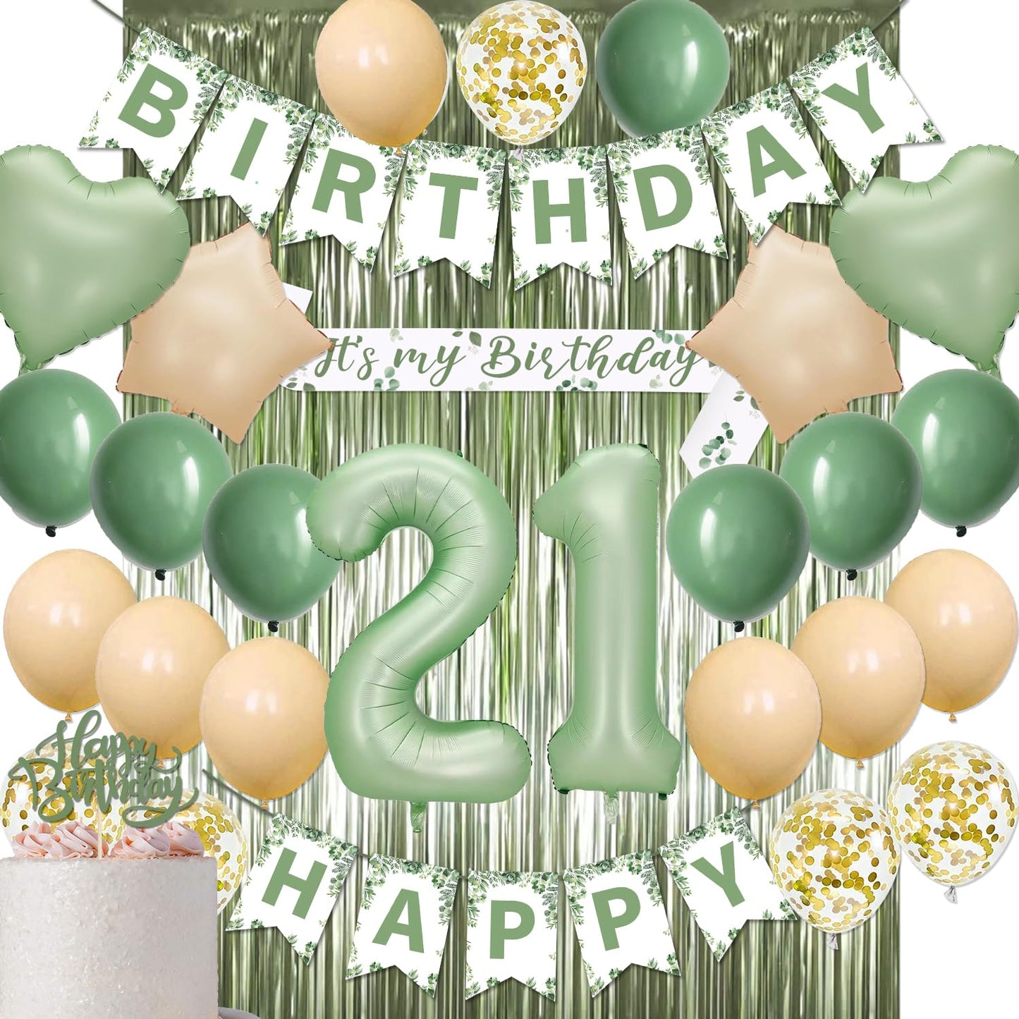 21St Birthday Decorations For Her, Sage Green 21 Birthday Party Decorations- 21St Happy Birthday Banner Sash Cake Topper Olive Green Balloons Kit, 21St Birthday Gifts For Women Birthday Party Supplies
