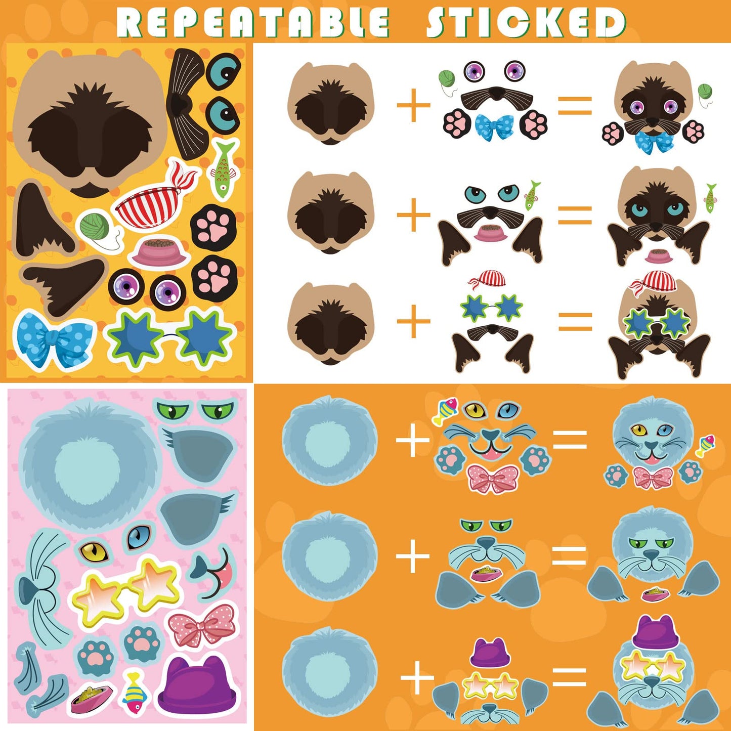 24 Sheets Cats Make A Face Stickers Make You Own Cats Stickers Animal Stickers For Kids, Birthday Gift Party Favors Supplies Tea
