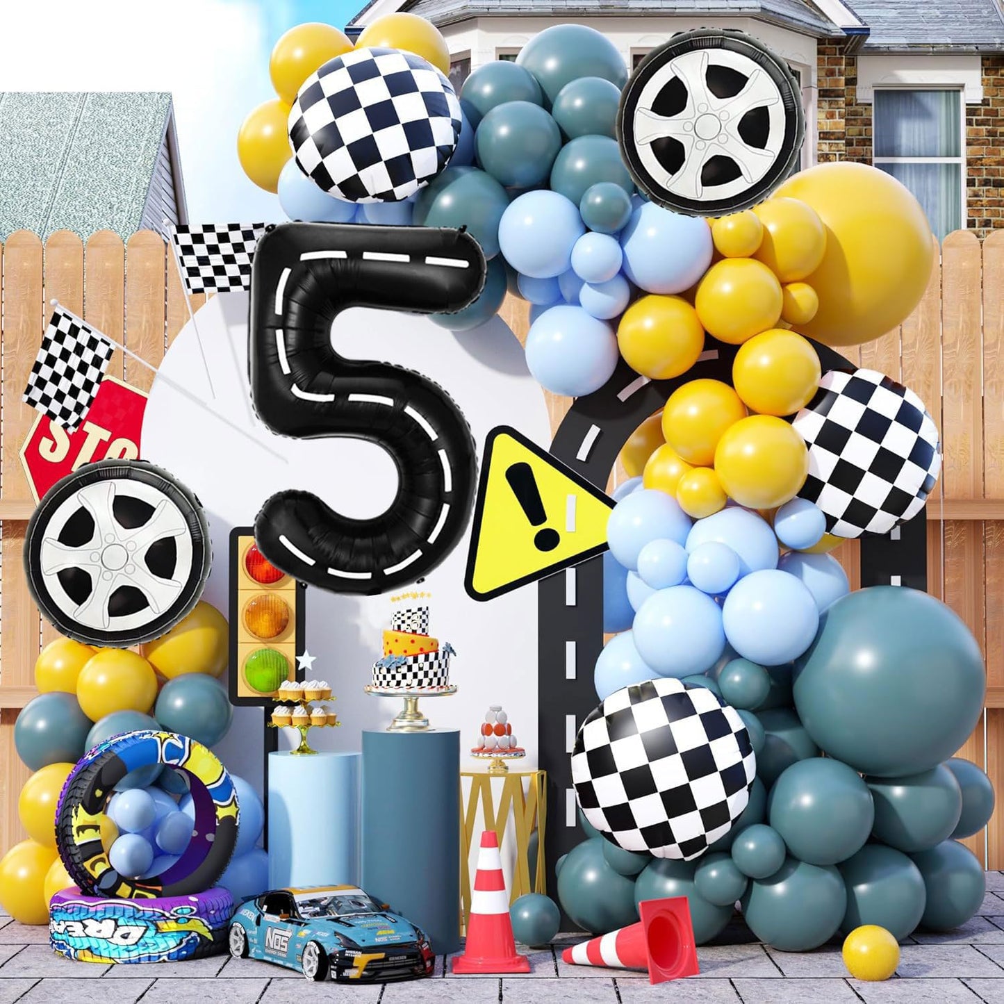 Race Car Birthday Balloons Decorations, 40 Inch Racetrack Black Number 5 Balloon, Large Mylar Black 5 Balloon For 5St Birthday R