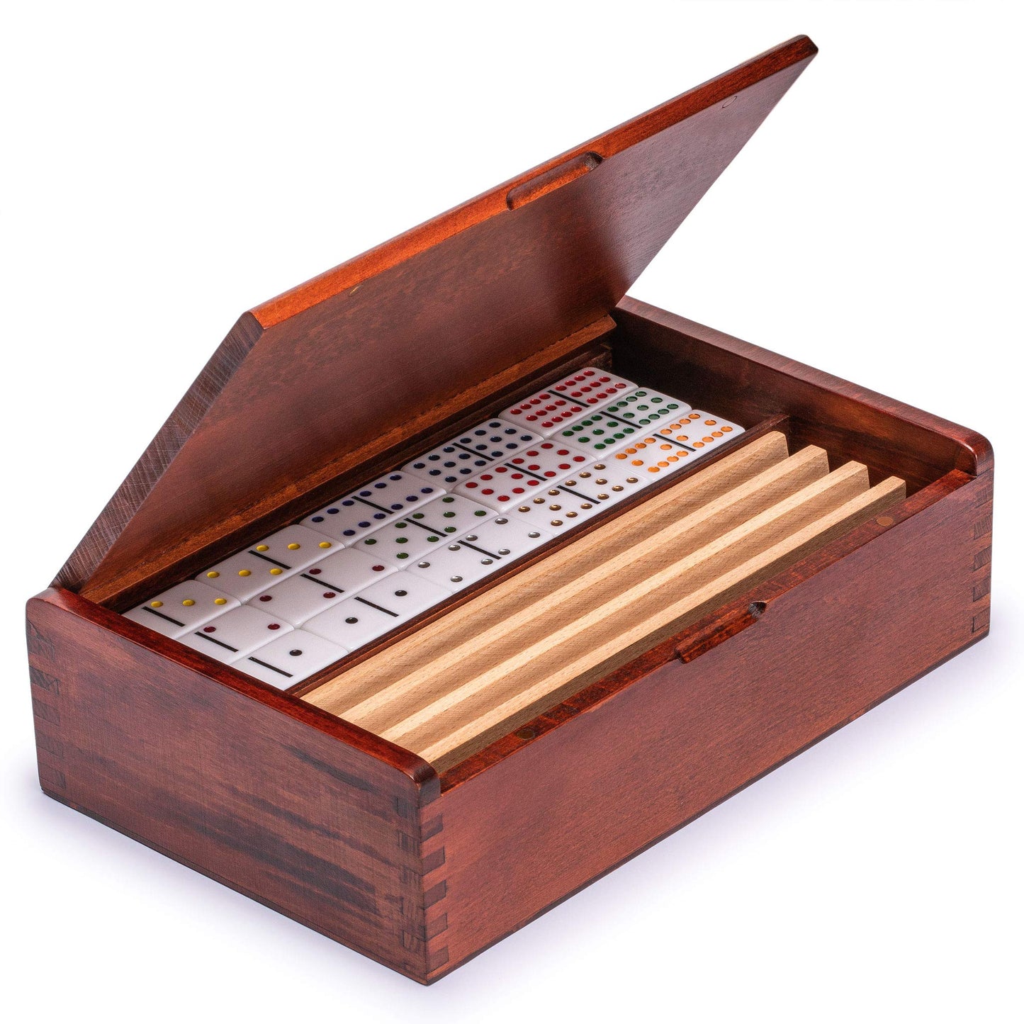Yellow Mountain Imports Double 12 Dominoes Game Set with 91 Tiles, Wooden Case & Racks, Multi-colored Pips/Dots