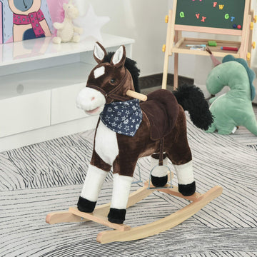 Qaba Kids Plush Rocking Horse Toy, Realistic Sounds, 30.75" x 11" x 26.75", Brown, Model 330-117BN, Ideal for 3