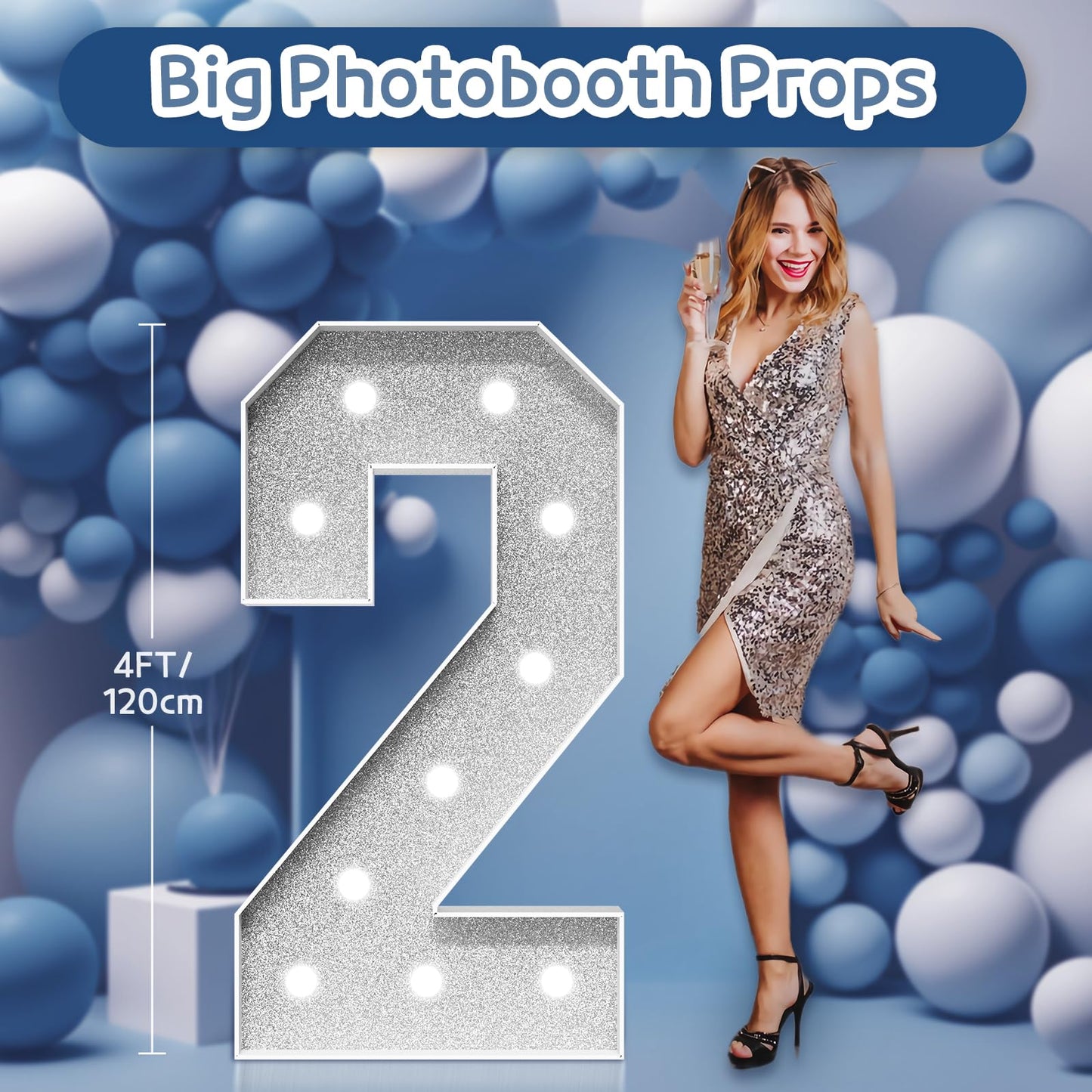Imprsv Marquee Numbers Silver Birthday Decorations: Large 4 Feet Tall Light Up Numbers 2Nd 21St 25Th Party Decor Big Mosaic Card