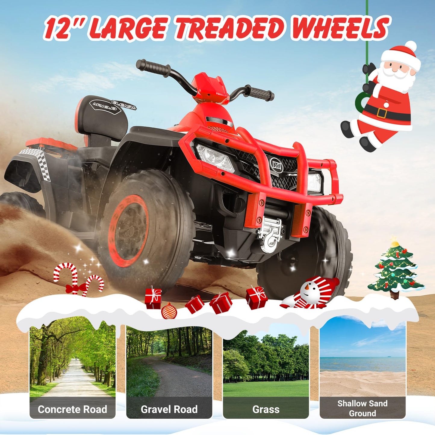 Elemara 24V 2 Seater Kids Ride-On Electric Atv,4 Wheeler Kids Quad Electric Car With Total 400W Motors, 5Mph Max Speed, 2 Charging Ports, Led Headlights, Music, Radio, Ride On Toys For Big Kids, Red