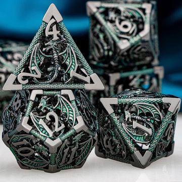 ARUOHHA Hollow DND Metal Dice Set Role Playing Games Dice with Gift Box, 7PCS Black Green D+D Polyhedral Dice Dungeons and Drago